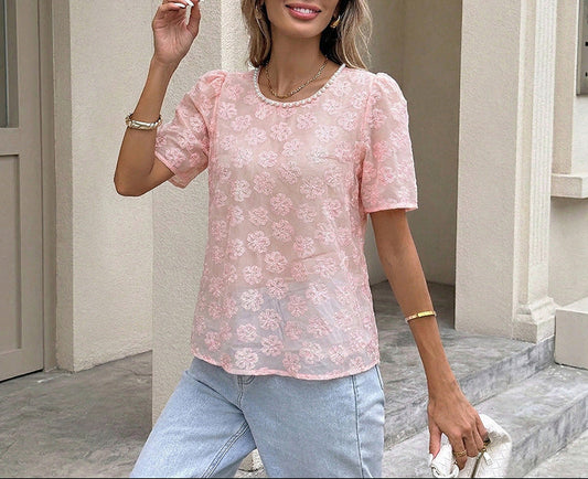 Women Floral Mesh Puff Sleeve Short Sleeve Blouse