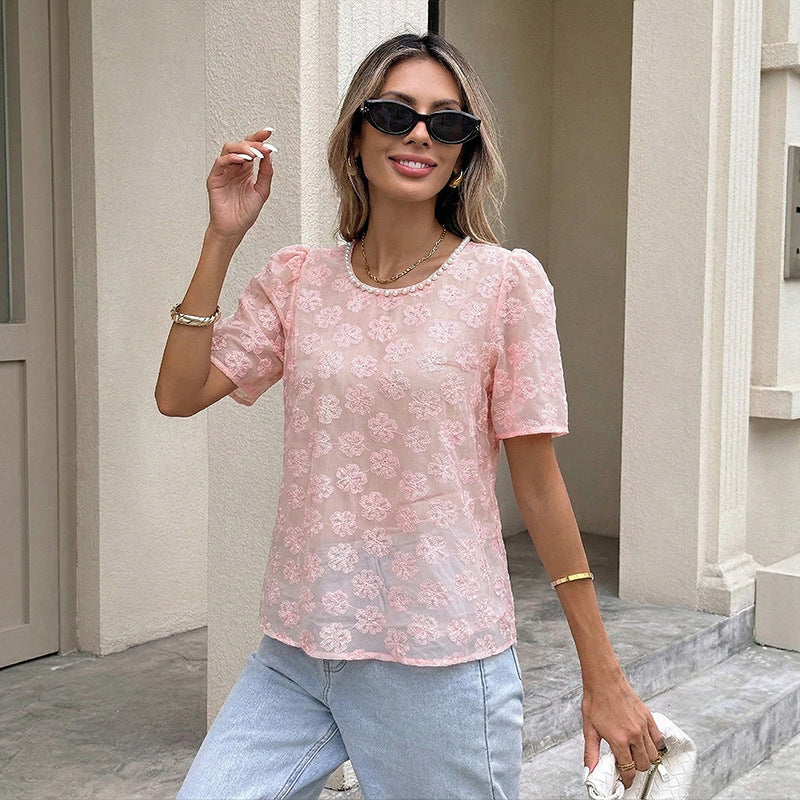 Floral Textured Blouse Short Sleeve Puff Top Casual