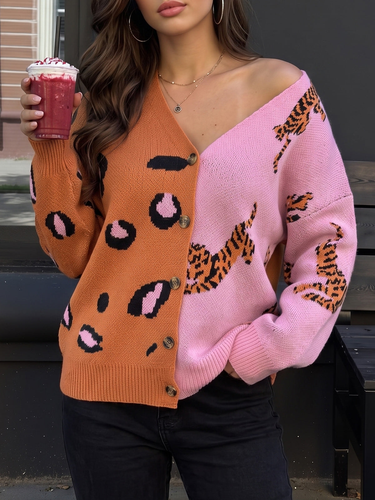 Color Block Leopard Print V-Neck Button Cardigan Sweater