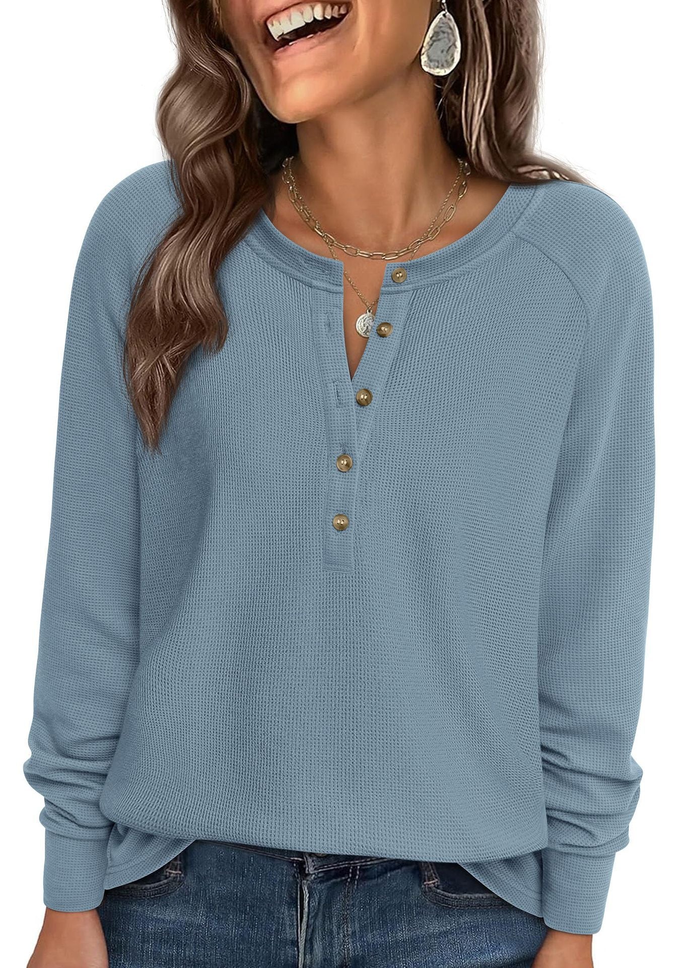 Henley Button Front Waffle Knit Long Sleeve Top