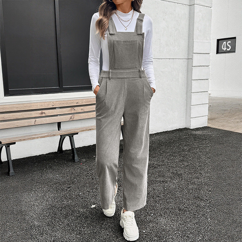 Corduroy Wide-leg Jumpsuit with Adjustable Straps