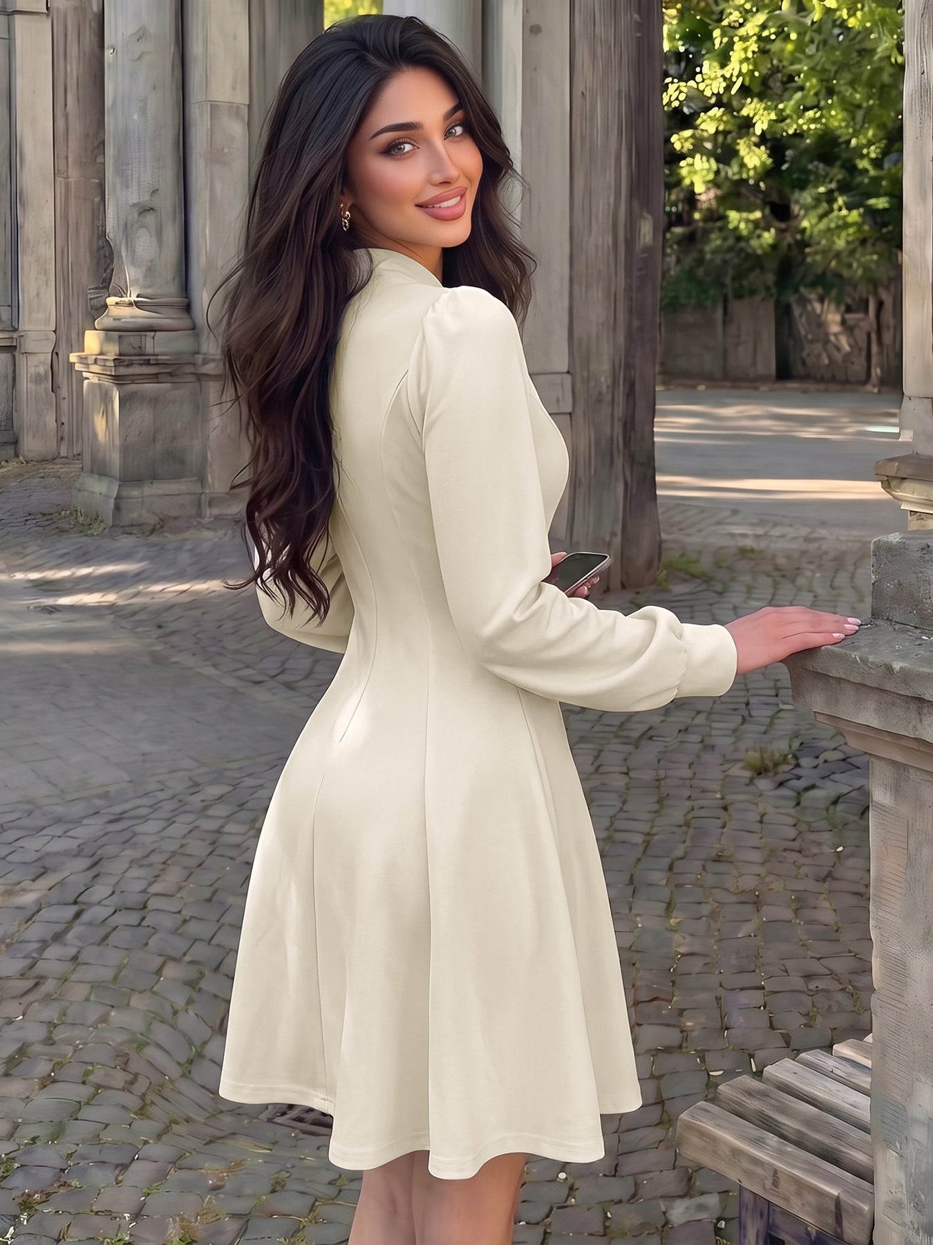 Mandarin Collar A Line Mini Dress Long Sleeve Elegant Dress