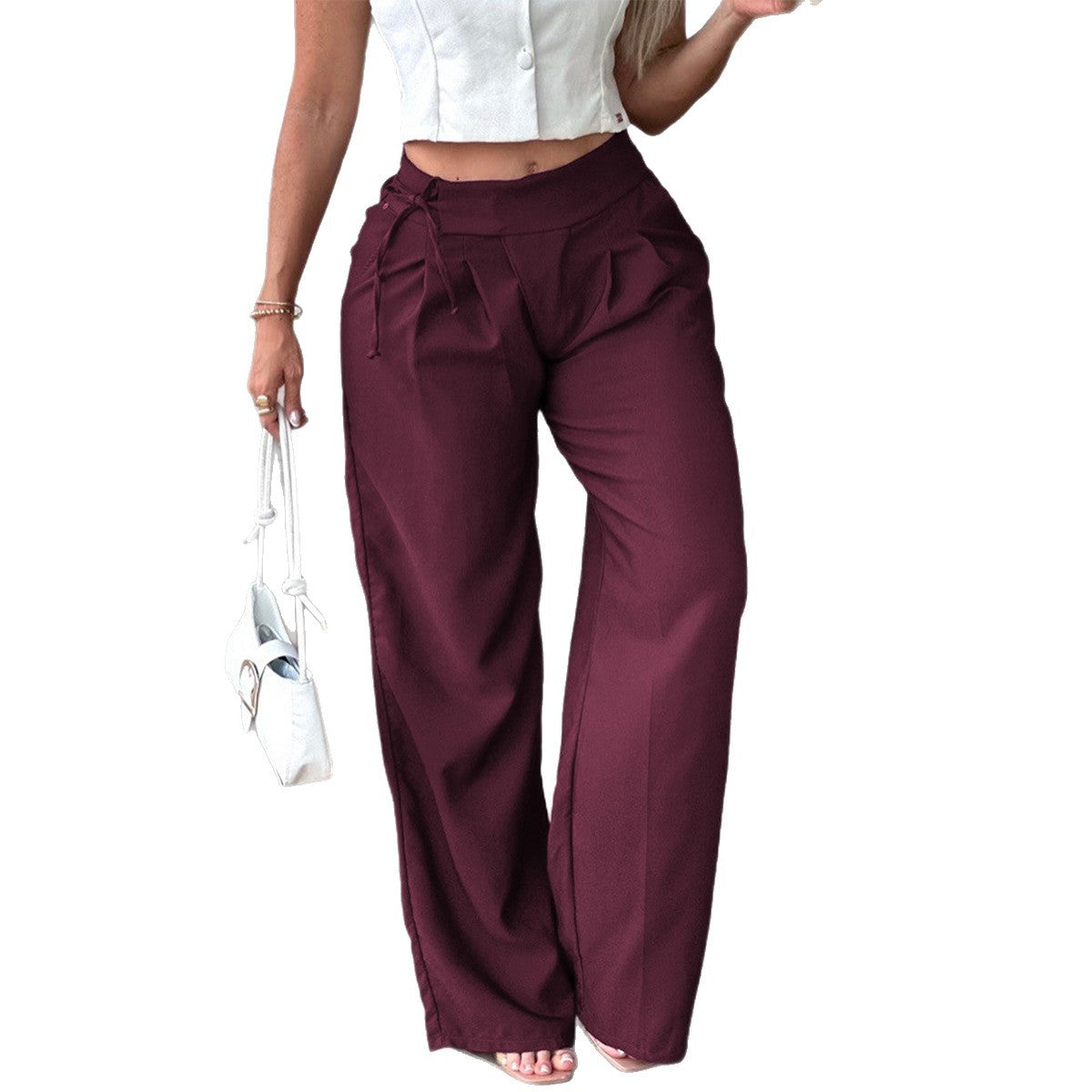 Women's High Waist Side Tie Wide Leg Dress Pants