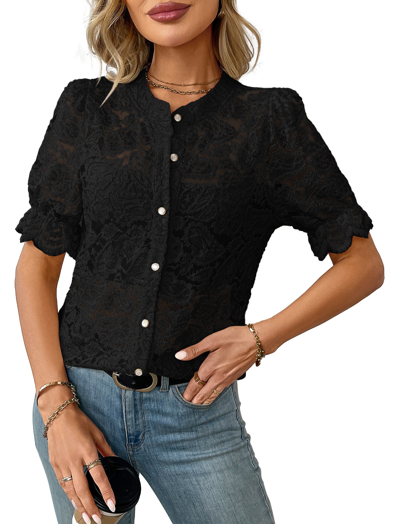 Women's Floral Lace Short Sleeve Button Up Blouse