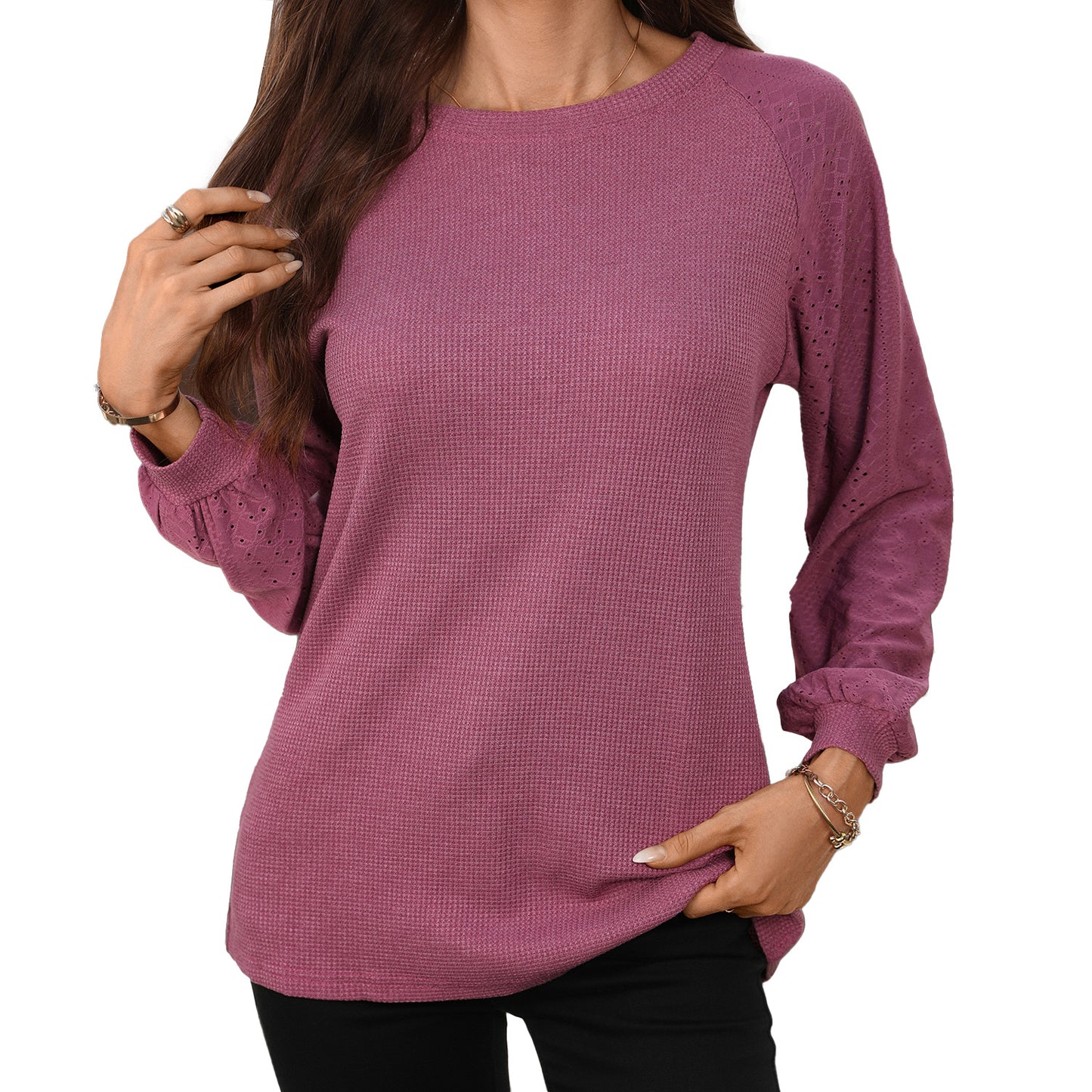 Solid Patchwork Long Sleeve Top Loose Fit Casual Blouse