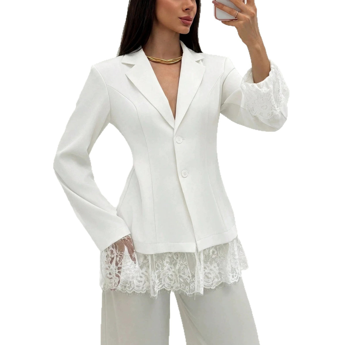 Women's Lace Trim Blazer Long Sleeve Button Front Jacket