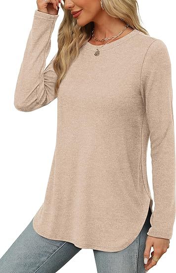 Women's Casual Long Sleeve Tunic Top Round Neck Side Slit