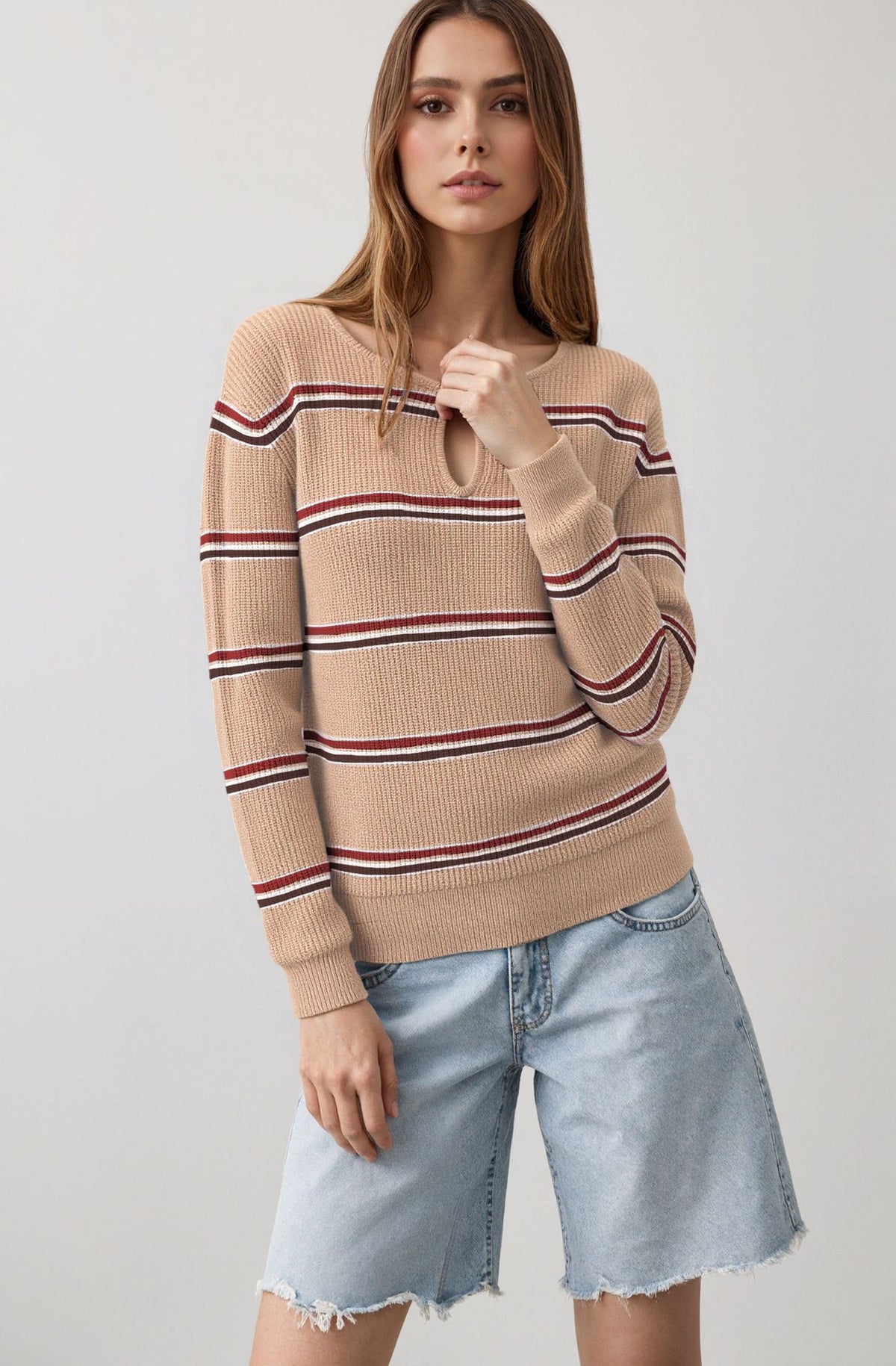Women's Striped Long Sleeve Keyhole Knit Sweater