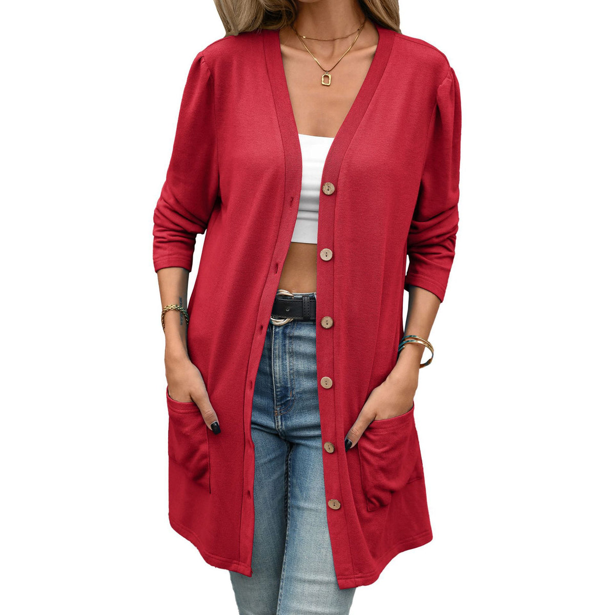 Women's V Neck Button Front Cardigan Long Sleeve Pockets