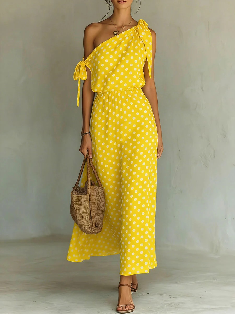 Polka Dot One-Shoulder Maxi Dress with Tie Straps