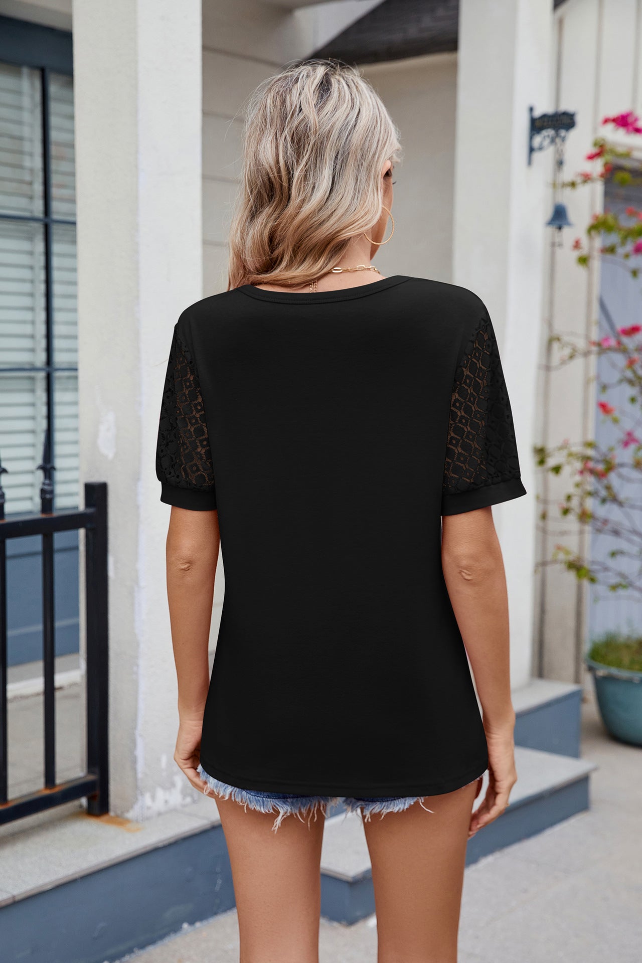 V-Neck Lace Sleeve Relaxed Fit Short Sleeve Top