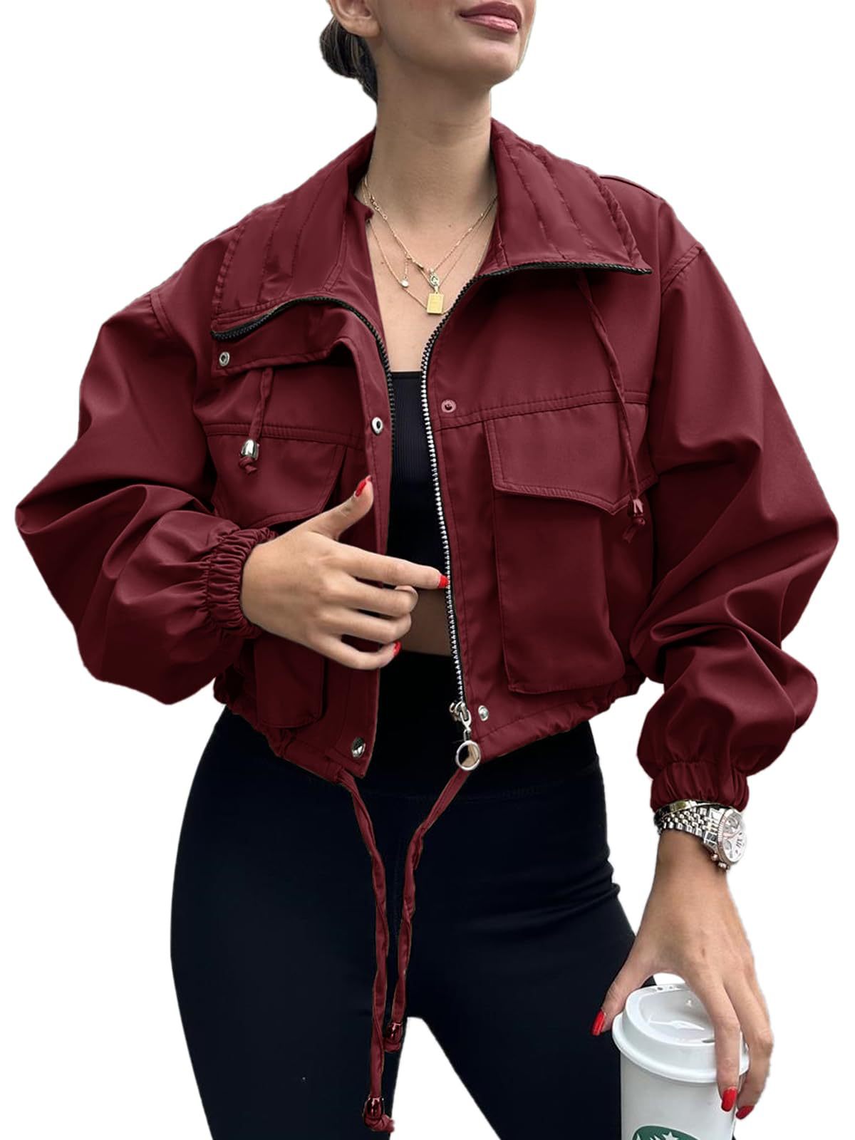 Solid Cropped Windbreaker Utility Jacket