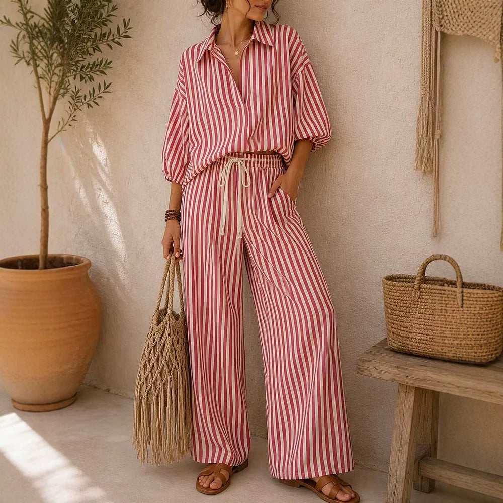 Striped Button Down Shirt & Wide Leg Pants Set