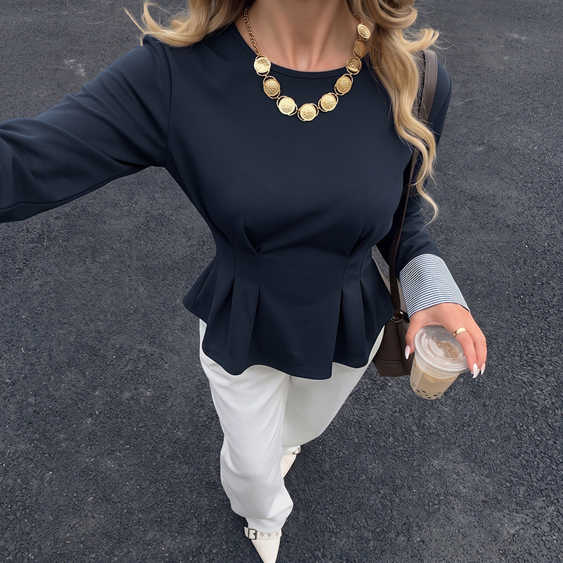 Layered Look Contrast Cuff Fitted Peplum Top