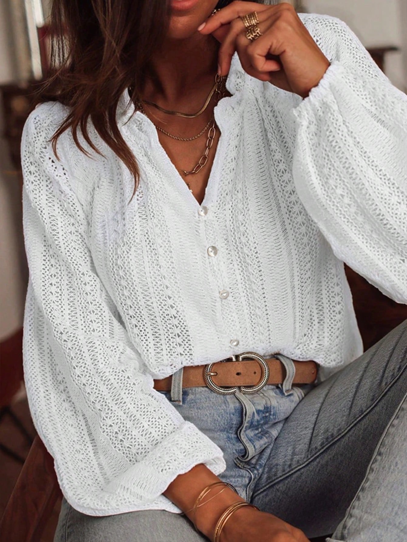 Lace V-Neck Button Blouse Puff Sleeve Elegant Top