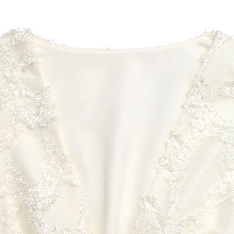 Solid Textured Dress Boho V Neck Puff Sleeve