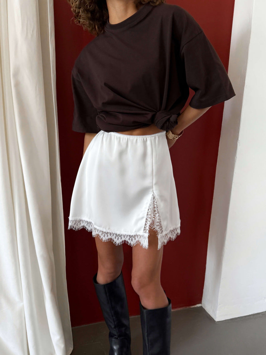 Satin Lace Mini Skirt Y2K Slip Skirt