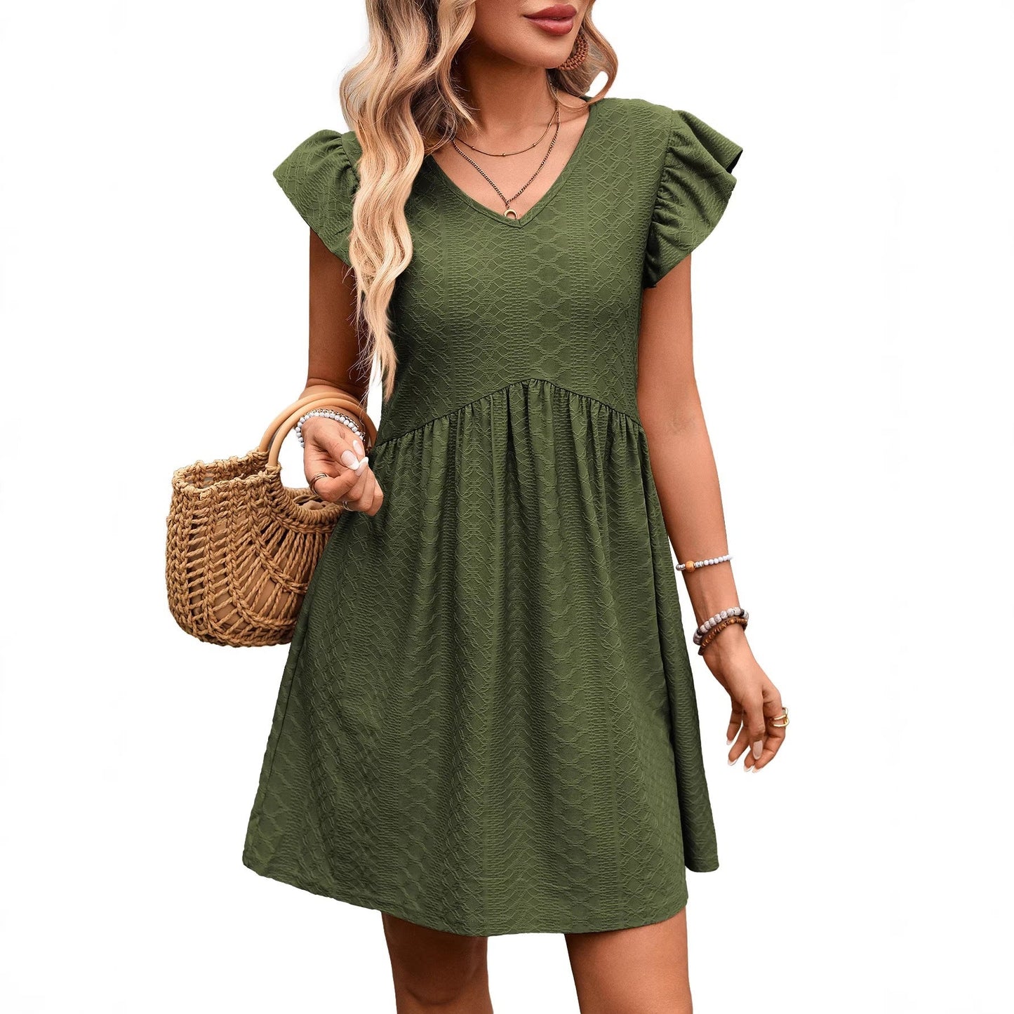 Textured V Neck Flutter Sleeve Pocket Mini Dress