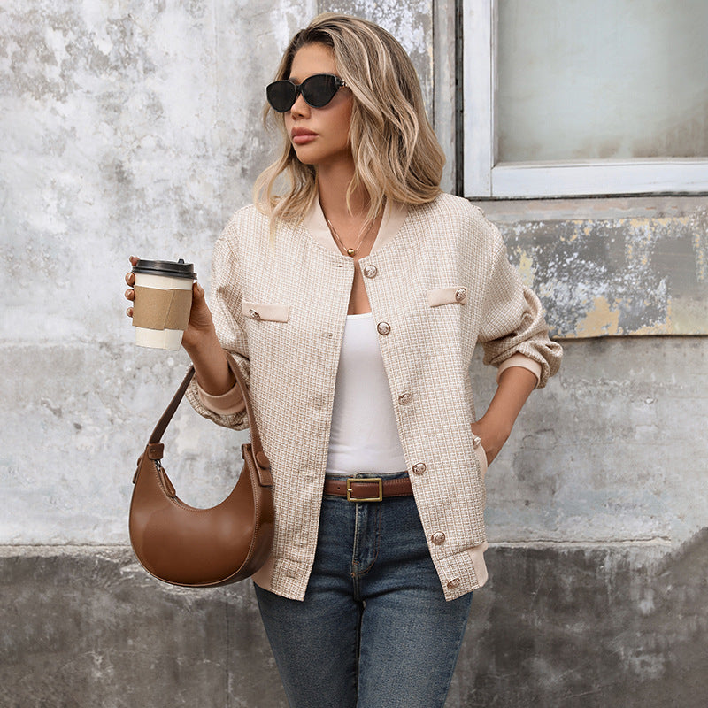 Tweed Bomber Jacket Oversized Casual French Chic Outerwear