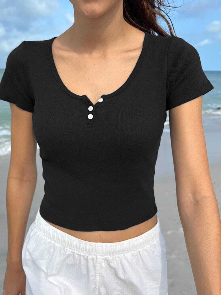 Button Casual Top Solid T-Shirts Slim Short Sleeve