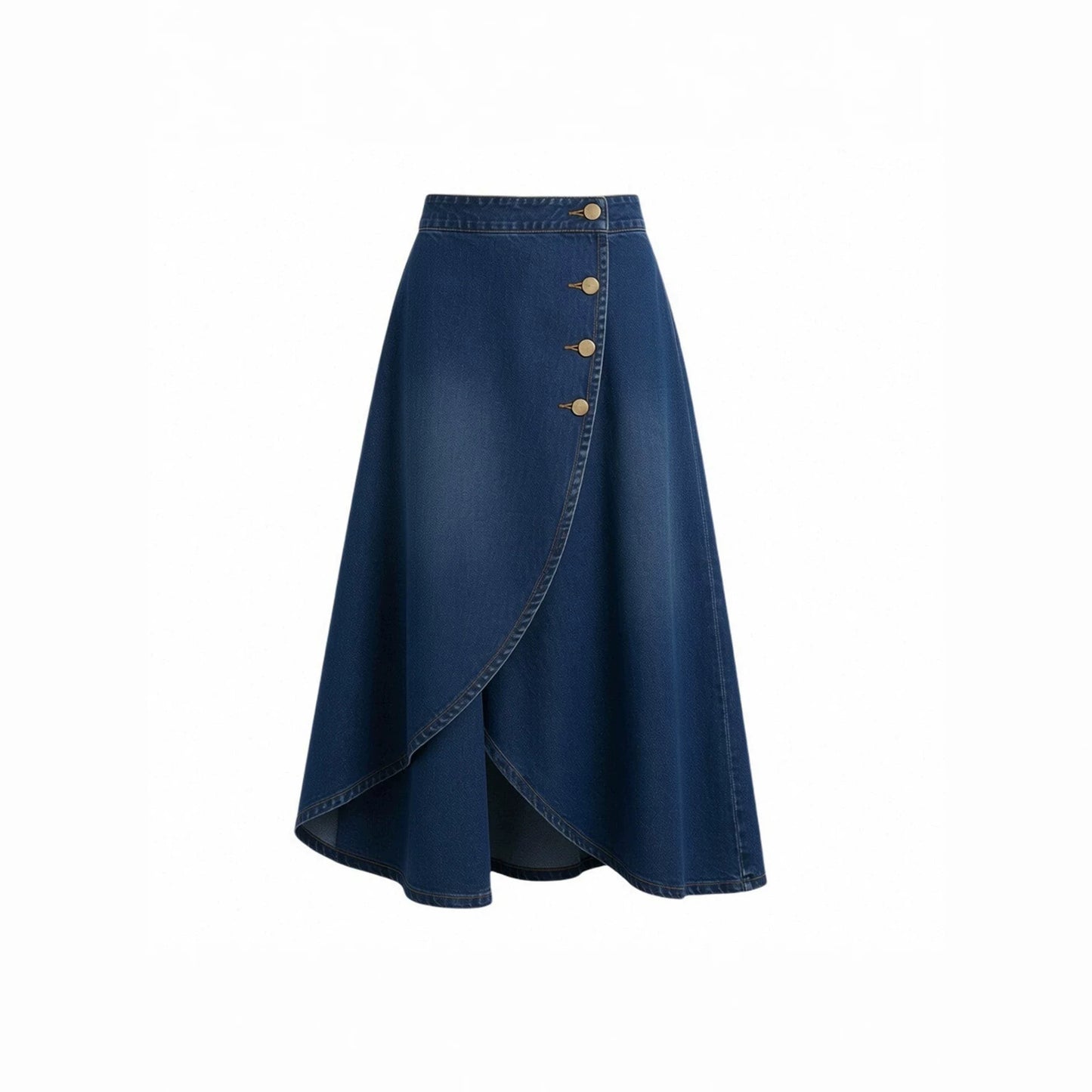 Washed Denim High Waist Asymmetrical Button Midi Skirt