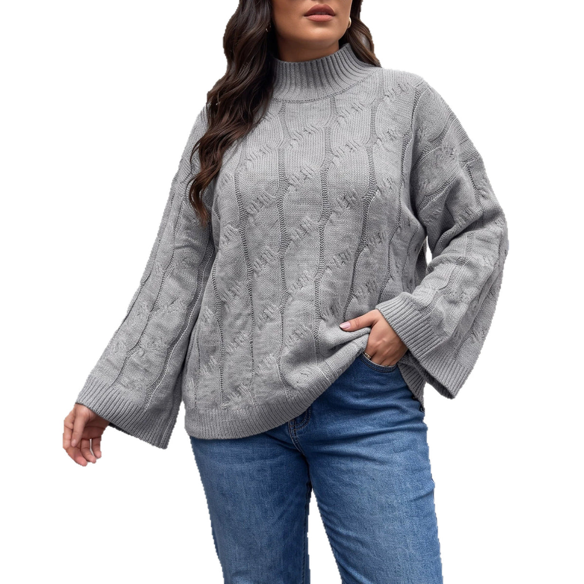Women's Oversized Cable Knit Mock Neck Bell Sleeve Sweater