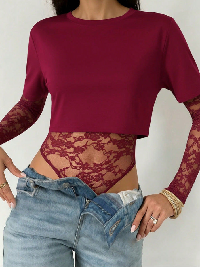 Lace Mesh Bodysuit Crop Top Trendy Layering Tee