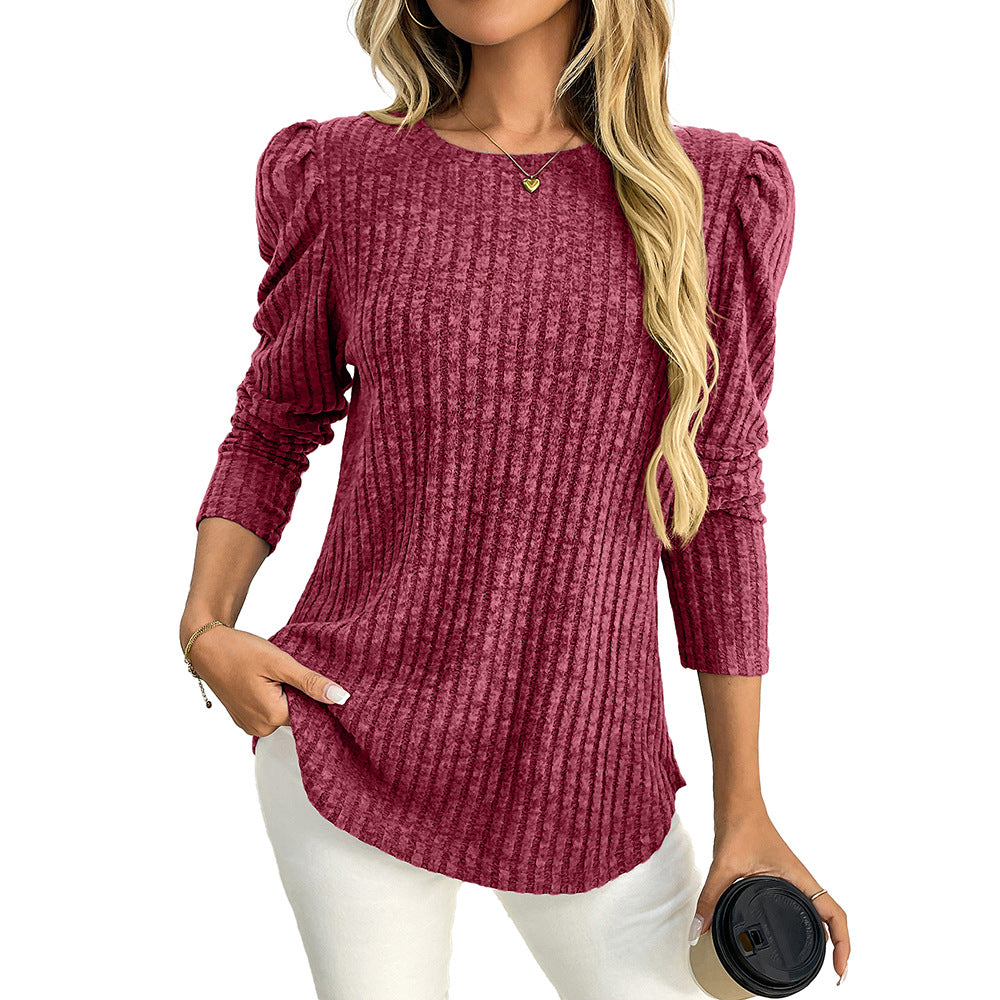 Women’s Long Sleeve Ribbed Top Puff Sleeve Crew Neck Tee