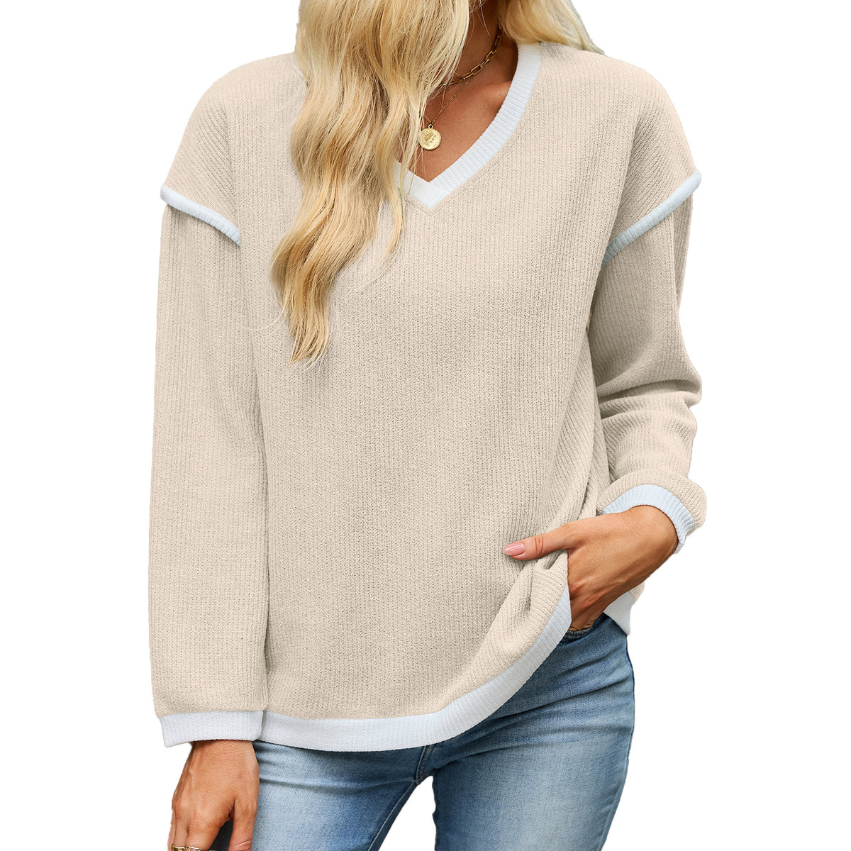 Women's V Neck Contrast Trim Oversized Long Sleeve Sweater