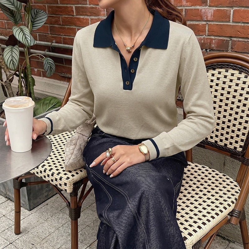 Contrast Polo Collar Knit Sweater Long Sleeve Casual Top