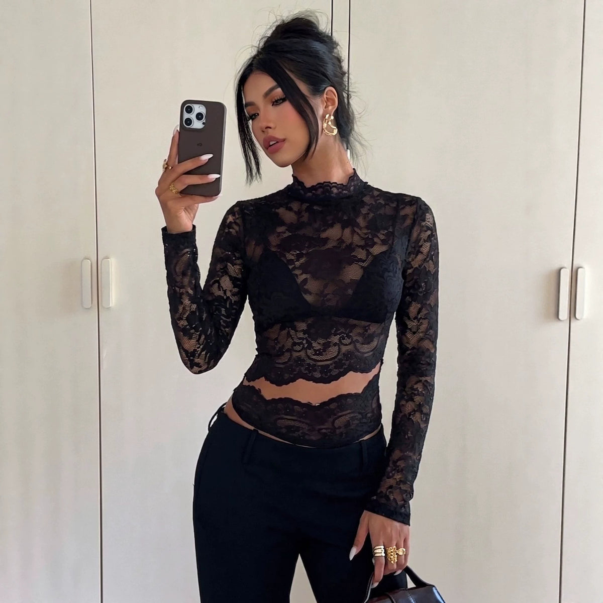 Black Lace Cutout Mock Neck Long Sleeve Top