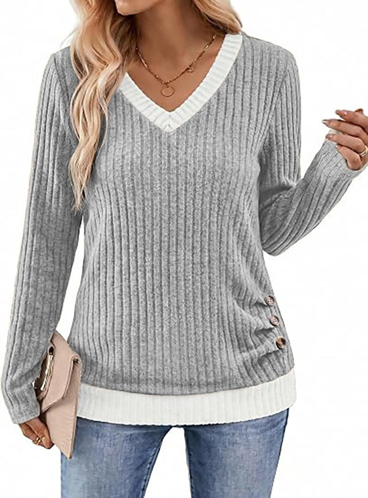 Color Block V-Neck Long Sleeve Ribbed Tunic with Buttons