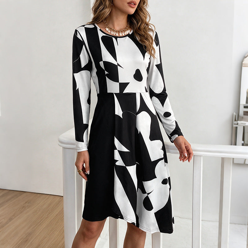 Abstract Print Long Sleeve Mini Dress Crew Neck Fit