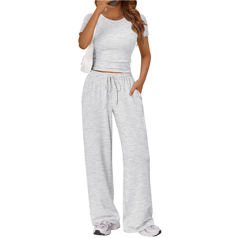 Women Y2K Two Piece Set Short Sleeve Crop Top Wide Leg Pants