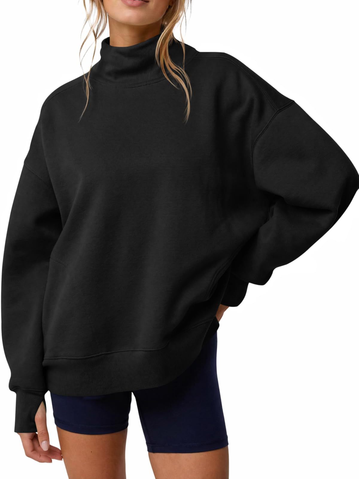 Mock Neck Oversized Womens Sweatshirt Solid Pullover Top
