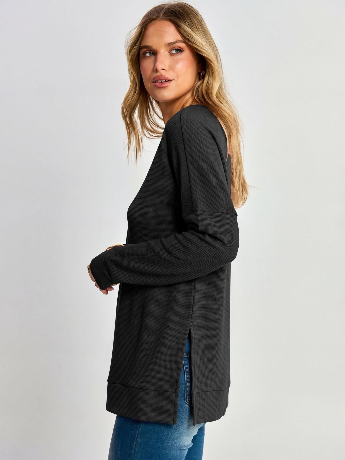 Waffle Knit V Neck Top Relaxed Long Sleeve