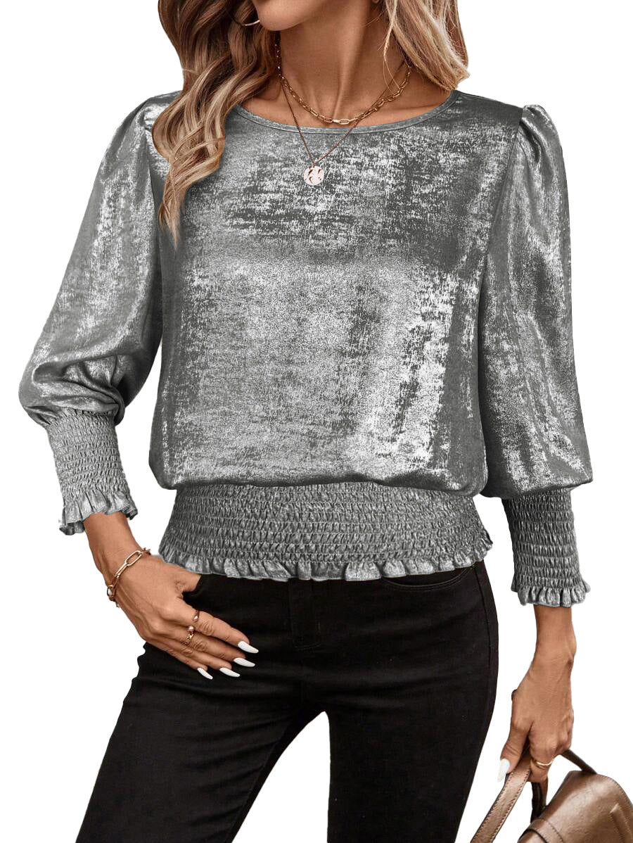 Metallic Shimmer Puff Sleeve Smocked Hem Blouse Top