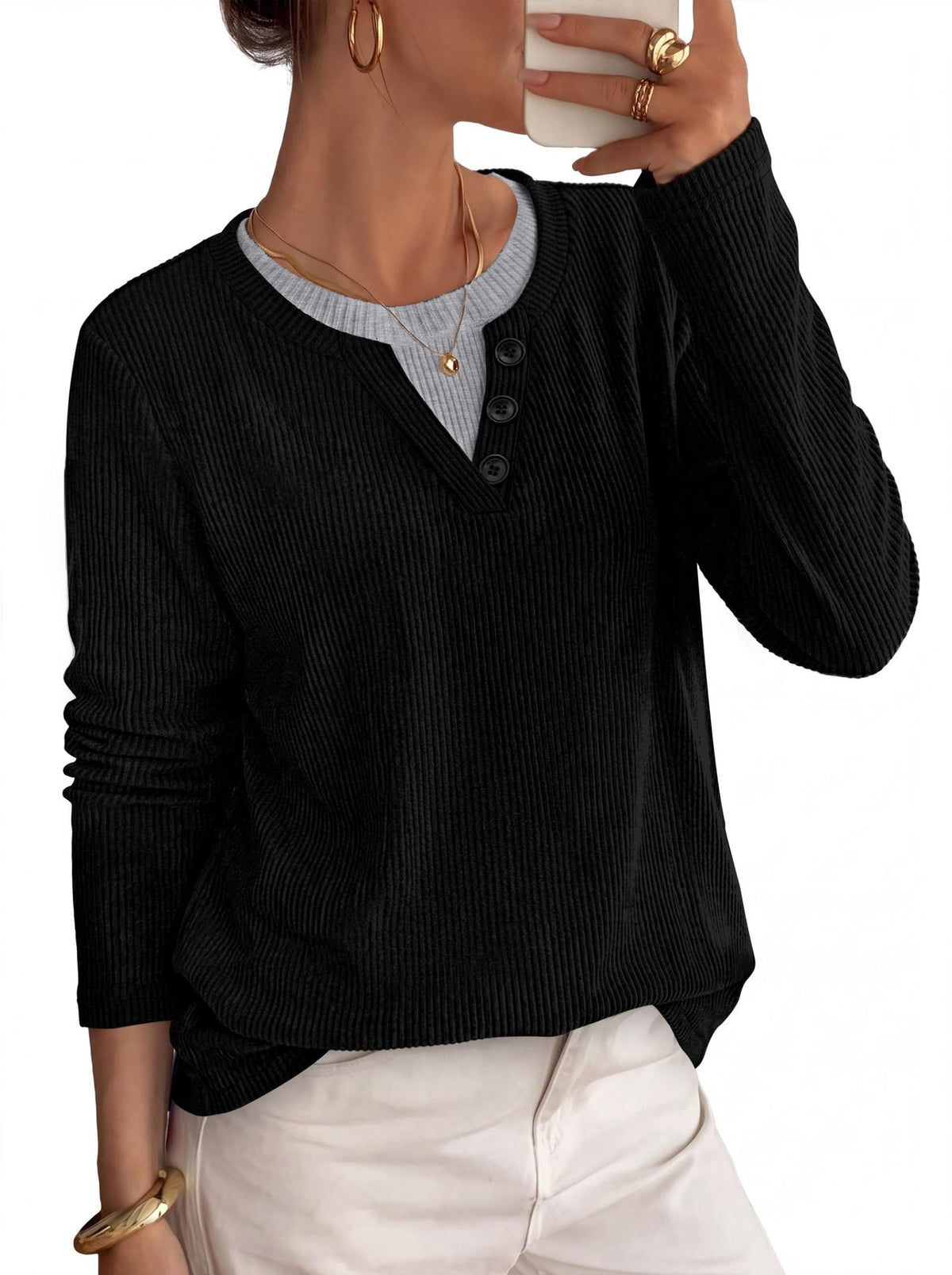 Women's Oversized Ribbed Henley Layered Long Sleeve Top