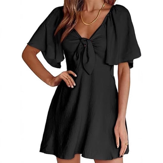 V Neck Tie Front Flutter Sleeve A Line Mini Dress for Women