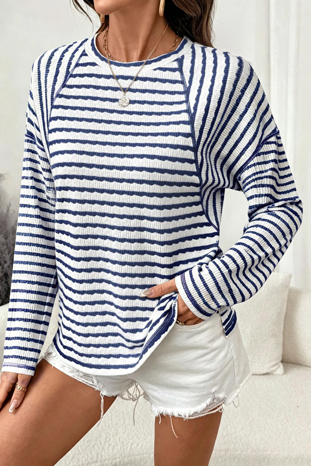 Top Casual Textured Striped Long Sleeve Pullover Knit