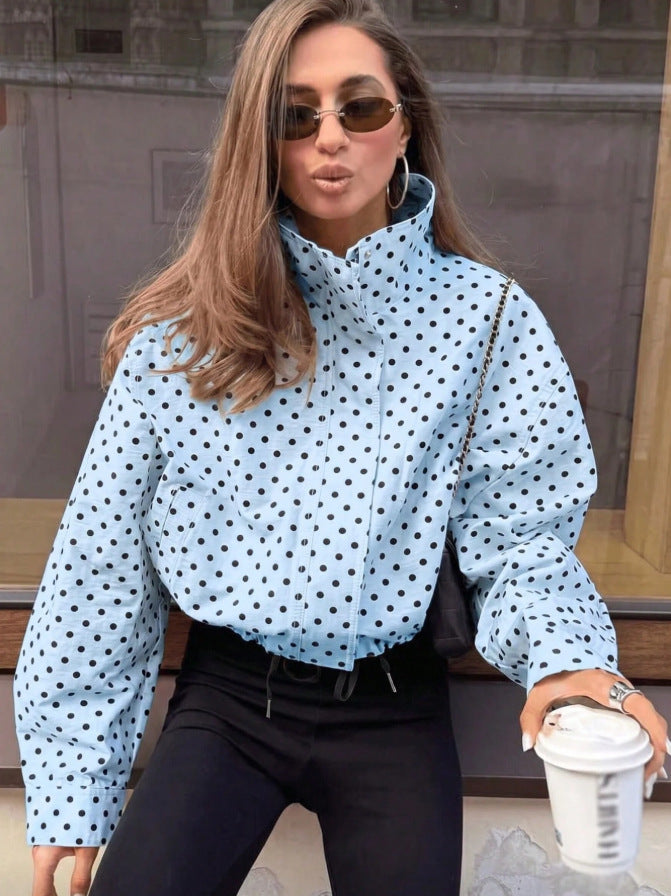 Polka Dot Woven Jacket Trendy Zip Up Stand Collar
