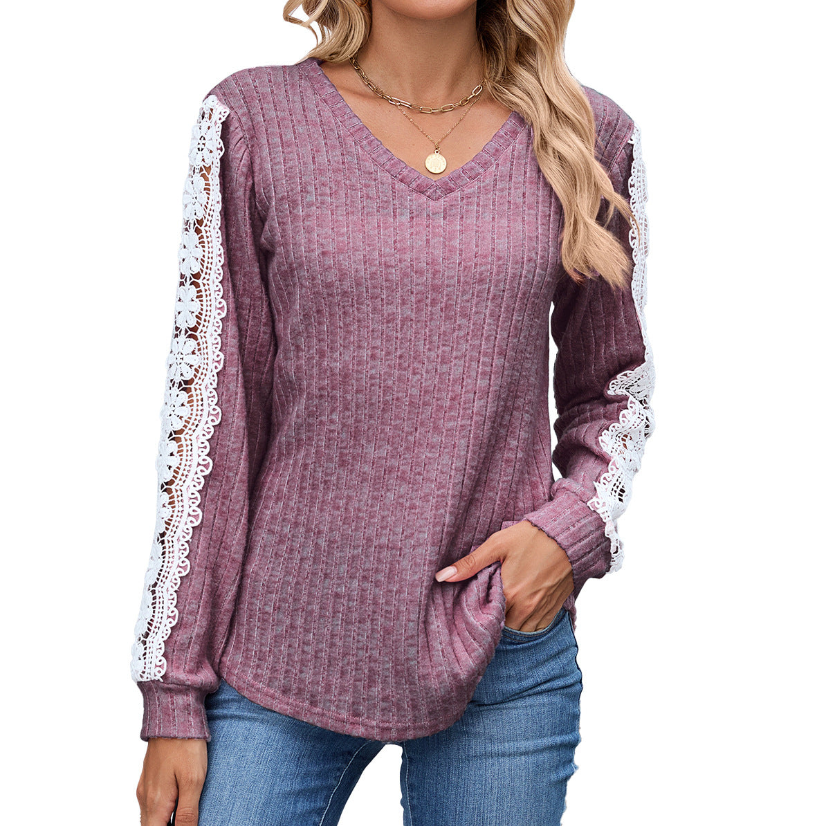 Women's V-Neck Lace Sleeve Ribbed Tunic Top