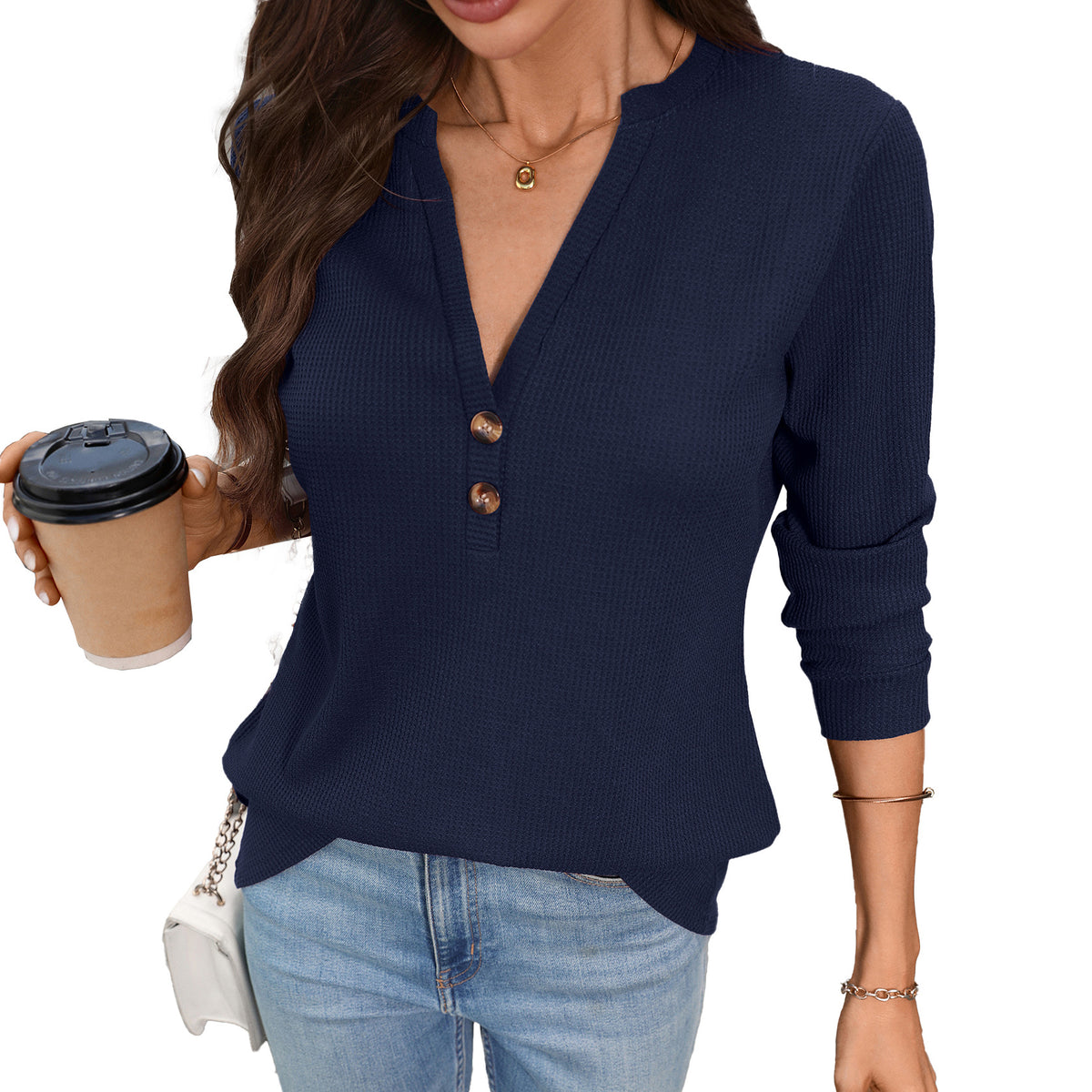 Waffle Knit V Neck Henley Long Sleeve Tunic Top