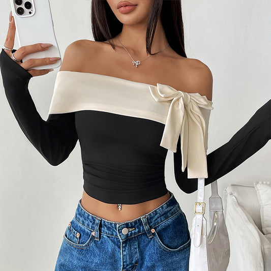Off Shoulder Bow Tie Contrast Slim Fit Long Sleeve Top