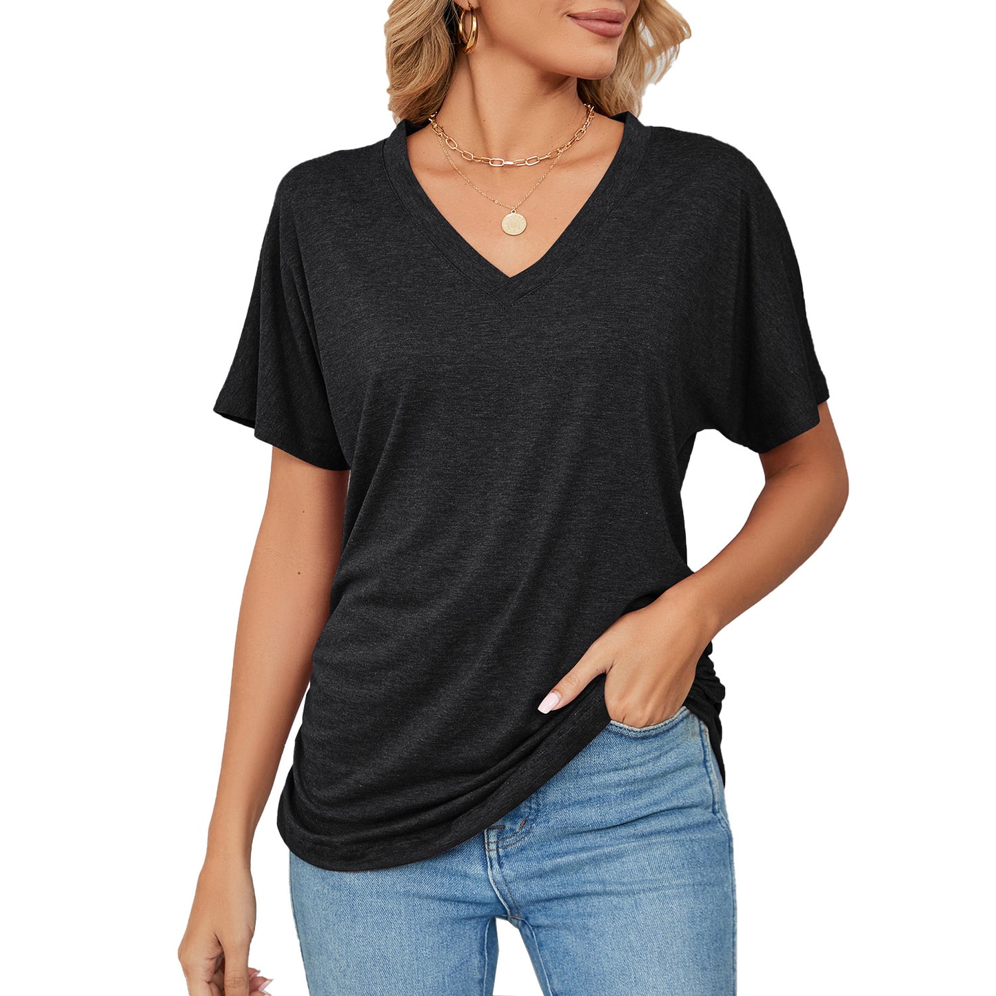Basic V Neck Short Sleeve T Shirt Women Soft Loose Fit Casual Everyday Essential Top