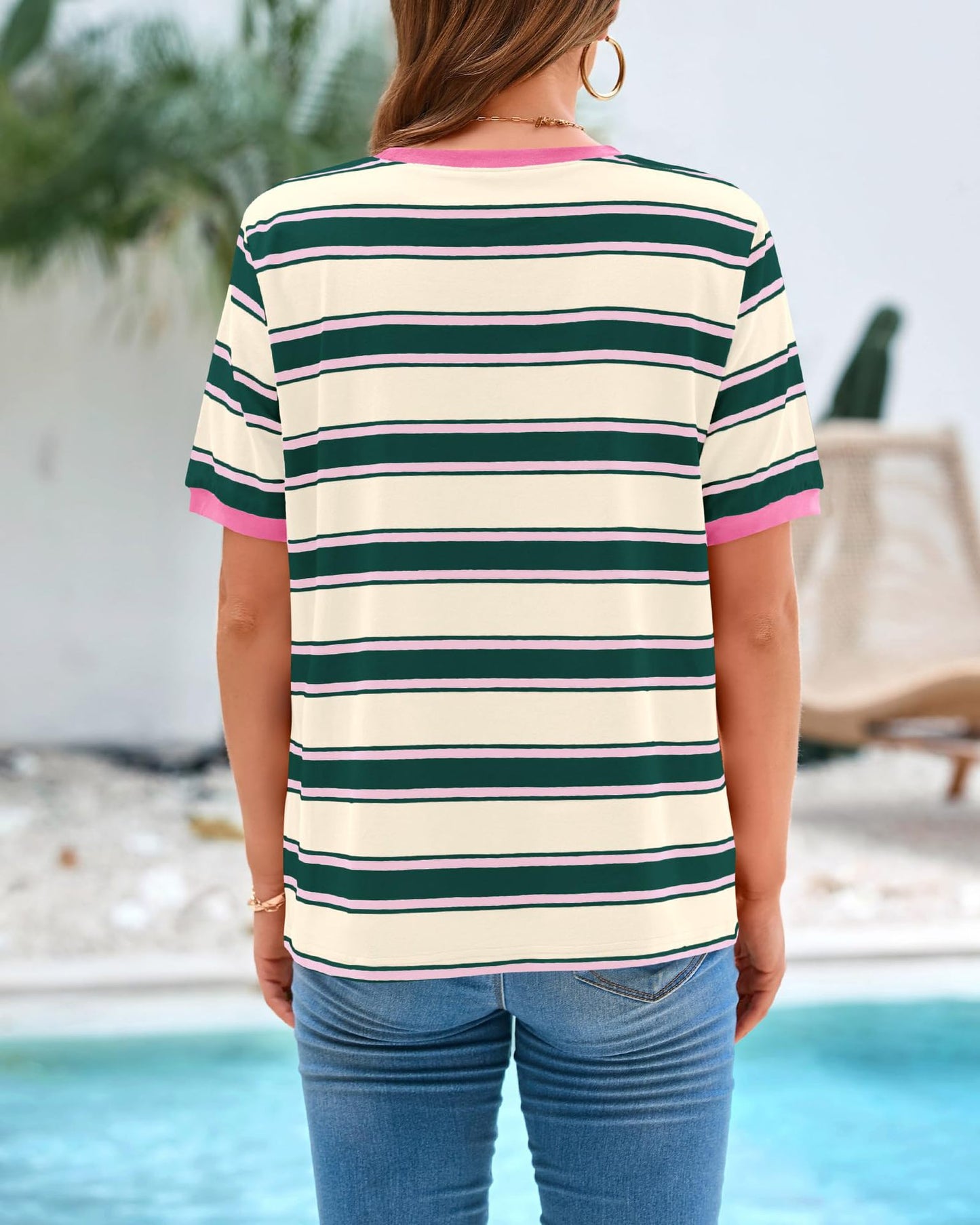 2025 Summer Round Neck Loose Top Striped Color Clash Short Sleeve T-Shirt