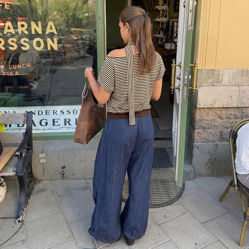 Striped One Shoulder Choker Neck Crop Tee Top