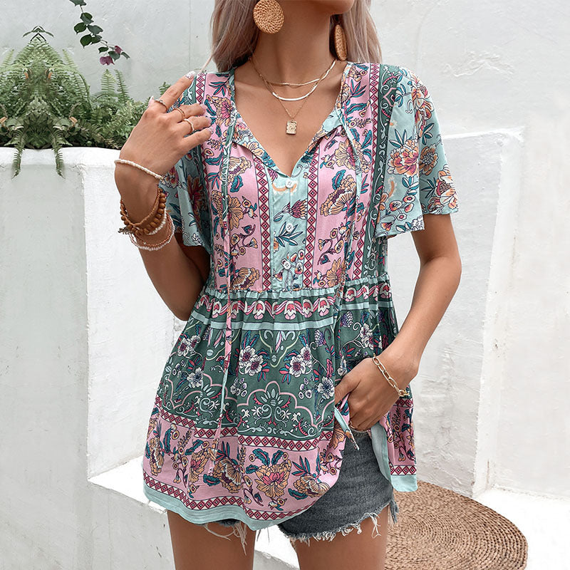 Summer Boho Floral and Geometric Print Short Sleeve Blouse