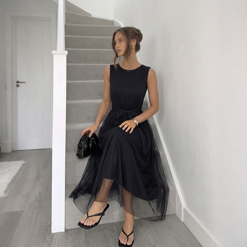 Black Mesh Maxi Dress Elegant Sleeveless Party Dress