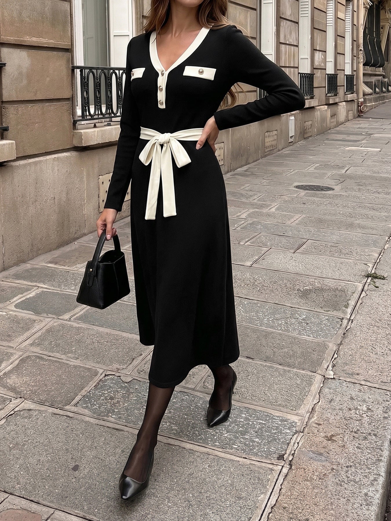 Contrast V Neck Knit Dress Slim Fit Long Sleeve Midi Dress